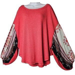 We The Free Free People Coral Red Waffle Knit Patchwork Balloon Sleeve Top L